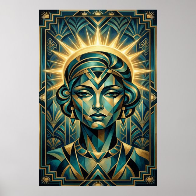Art Deco Cubist Woman Sunset Gold Teal Poster (Devant)