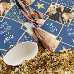 Art Deco Custom Age Name & Photos Birthday Blue Wrapping Paper<br><div class="desc">Add a touch of Art Deco style with this personalized name and photo gift wrap. A seamless pattern featuring geometric diamond shapes and stars in a palette of blue, white and gold colour. Custom birthday wrapping paper is a great way to add luxury to your gifts and make them truly...</div>