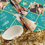 Art Deco Custom Age Name & Photos Birthday Teal Wrapping Paper<br><div class="desc">Add a touch of Art Deco style with this personalized name and photo gift wrap. A seamless pattern featuring geometric diamond shapes and stars in a palette of blue-green, white and gold colour. Custom birthday wrapping paper is a great way to add luxury to your gifts and make them truly...</div>