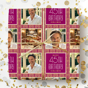 Art Deco Custom Age Photo Birthday Pink Gold Chic Wrapping Paper