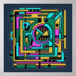 Art Deco Cyberpunk Geometric Fusion Poster