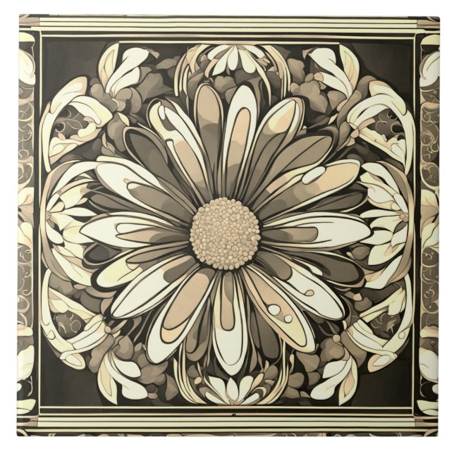 Art Deco Daisy Flower Art Nouveau Beige & Grey Tile (Front)