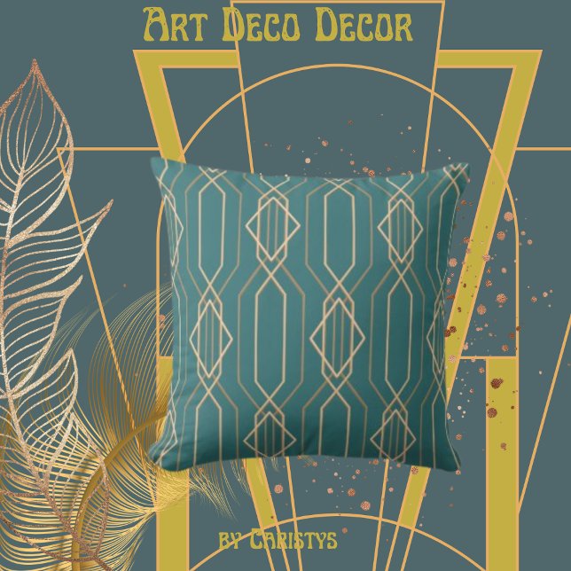 Art Deco Deep Blue/Green with Gold  Throw Pillow (Creator Uploaded)