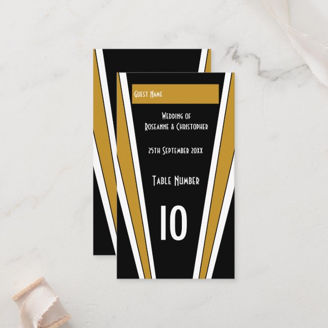 Art Deco Design Black And Gold Wedding Place Card (Front/Back In Situ)