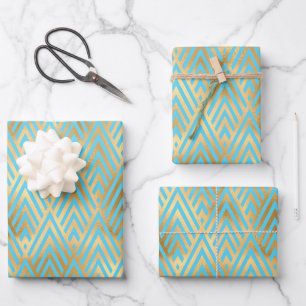 Art Deco Design, Teal & Gold Pattern Wrapping Paper Sheet
