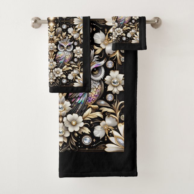Art Deco Diamond Owl Bath Towel Set (Insitu)