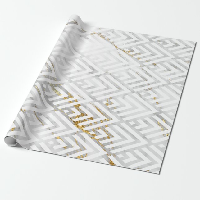 Art Deco Diamond Triangles Grey Gold White Marble Wrapping Paper (Unrolled)