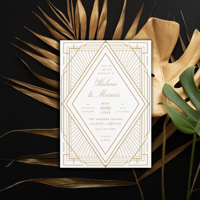 Art Deco Diamond White and Gold Wedding Invitation (Creator Uploaded)