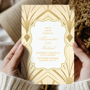 Art Deco Diamond White and Gold Wedding Invitation