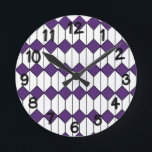 Art Deco Diamonds and Hexagons  Round Clock<br><div class="desc">This all clock has an art deco design of white hexagons with a black line down the middle and purple diamonds.</div>