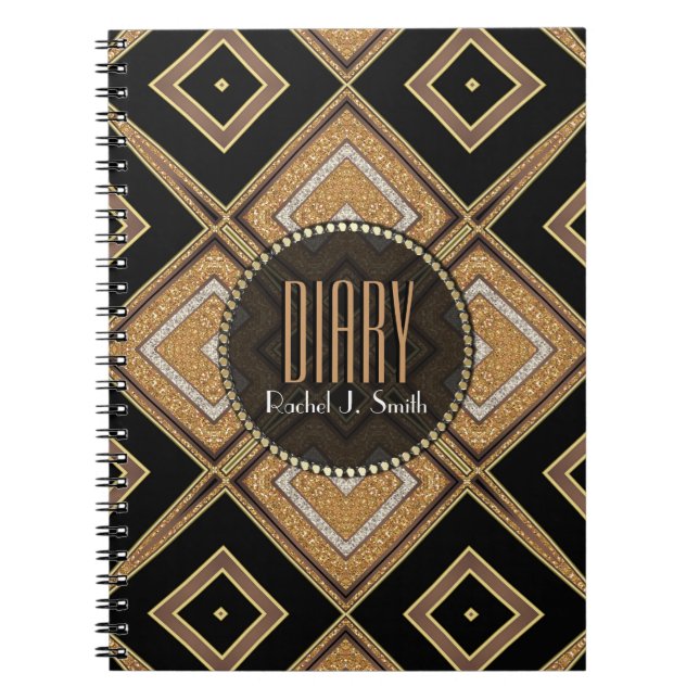 Art Deco Diamonds Black Gold Diary Notebook (Front)