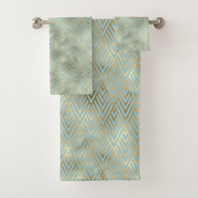 Art Deco Diamonds Pattern, Teal & Gold Bath Towel Set (Insitu)