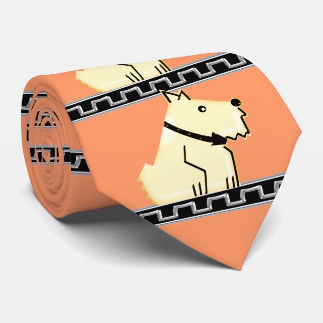 Art Deco Dog, Black+Silver Greek Key+Salmon Bg Tie (Rolled)