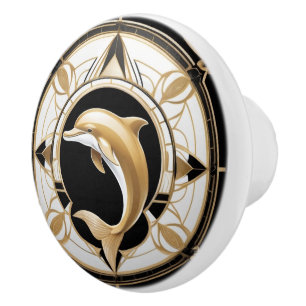 Art Deco Dolphin Black White Gold Nautical Ceramic Knob