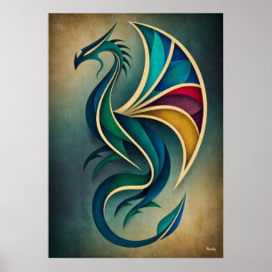 Art Deco Dragon Abstract Geometric Fantasy Wall Ar Poster