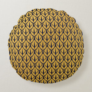 Art Deco Dragon Scales - Blue and Gold Scales Round Pillow