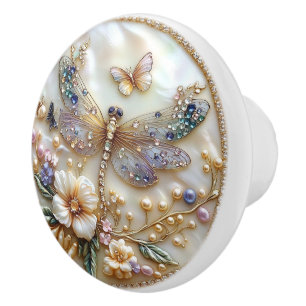 Art Deco Dragonfly Butterfly Gold Gems Pearls Ceramic Knob
