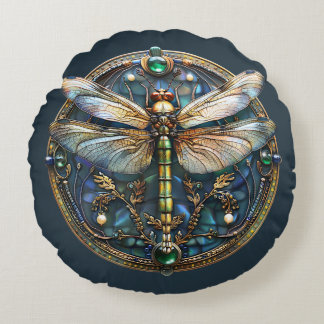 Art Deco Dragonfly Pearls EmeraldsGold Turquoise Round Pillow