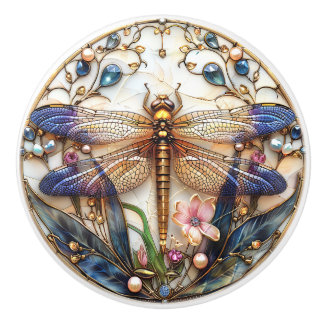 Art Deco Dragonfly Pearls Gems Flowers Elegant Ceramic Knob