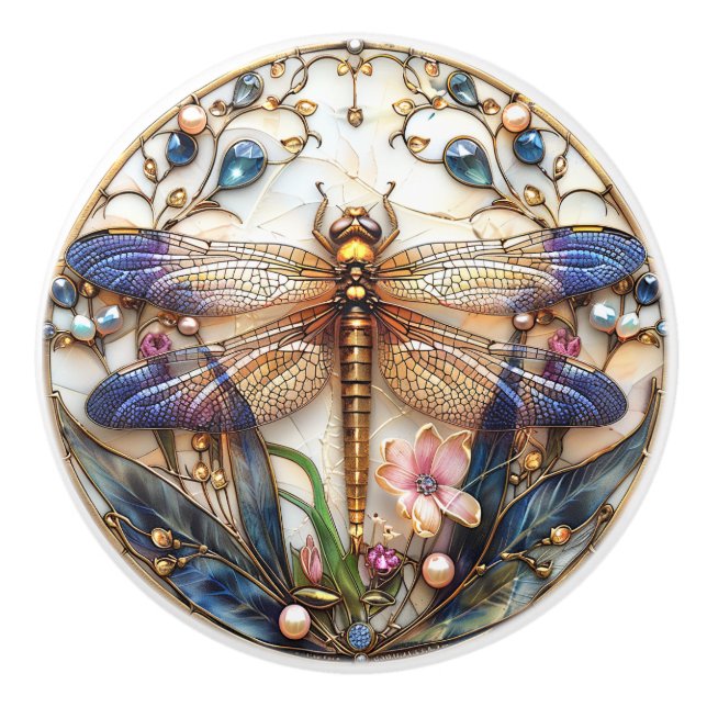 Art Deco Dragonfly Pearls Gems Flowers Elegant Ceramic Knob (Front)