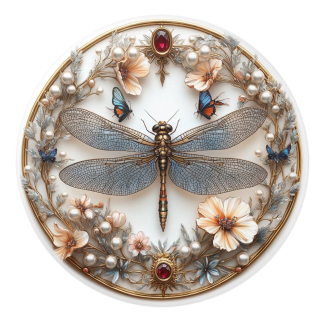  Art Deco Dragonfly Turquoise Pearls Gems Ceramic Knob (Front)