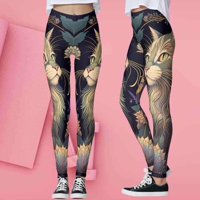 Art Deco Dusty Rose Cat Lover Yoga  Leggings (Art Deco Cat Lover Yoga  Leggings)