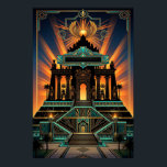 Art Deco Egyptian Revival Temple Gold & Teal Poster<br><div class="desc">A breathtaking fusion of Art Deco and Ancient Egyptian styles. Featuring a grand pyramid temple,  palm trees,  and Egyptian motifs under a winged sun disc,  all in a luxurious gold and teal palette.</div>