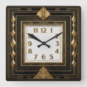 Art Deco Elegant Black and Gold Square Wall Clock