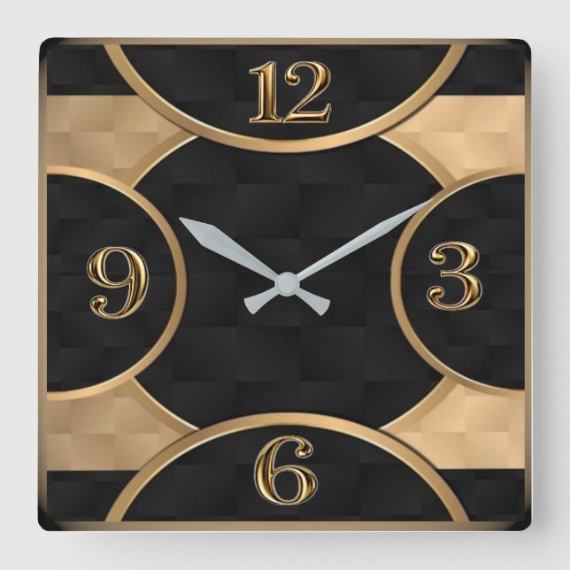 Art Deco Elegant Black and Gold Square Wall Clock (Front)