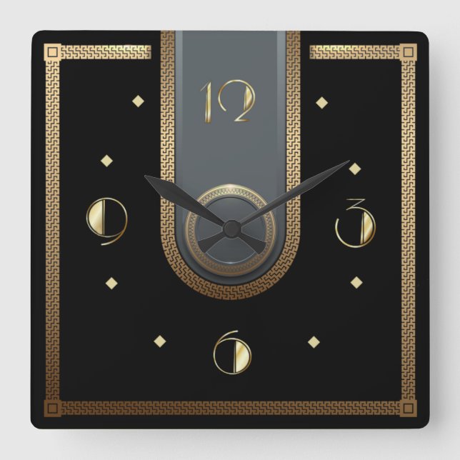Art Deco elegant black and gold Square Wall Clock (Front)