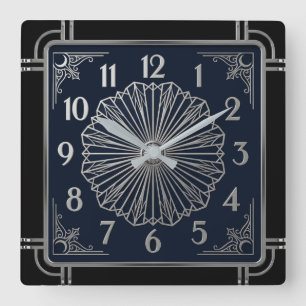 Art Deco Elegant Blue Square Wall Clock