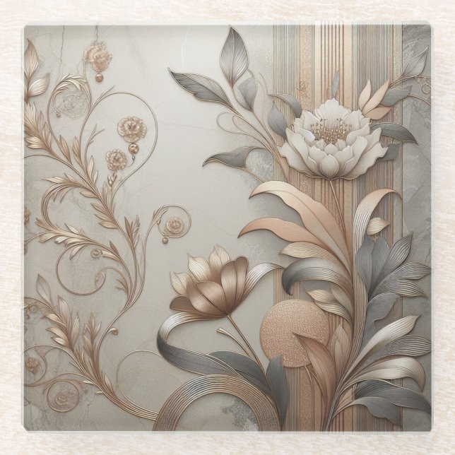 Art Deco: Elegant Botanicals and Geometric Luxury Glass Coaster (Front)