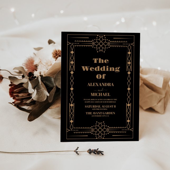Art Deco Elegant Classic Gold Frame Black Wedding Invitation (Creator Uploaded)