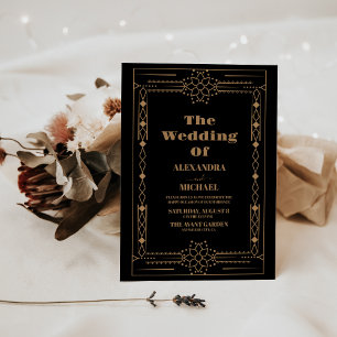 Art Deco Elegant Classic Gold Frame Black Wedding Invitation