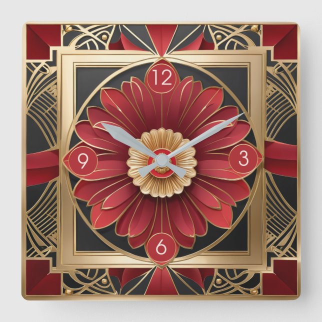 Art Deco Elegant Flower Square Wall Clock (Front)