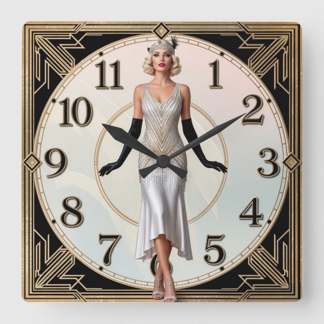 Art Deco Elegant Girl Square Wall Clock (Front)