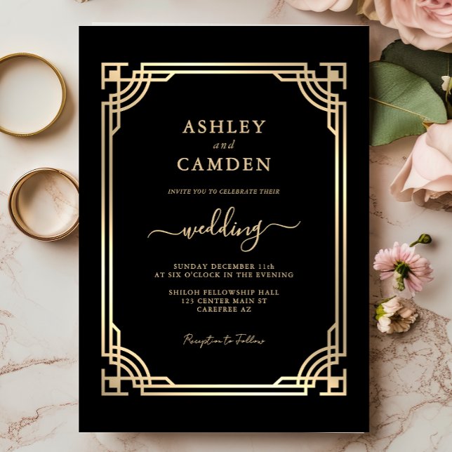 Art Deco Elegant Gold Frame Wedding Invitation (Creator Uploaded)