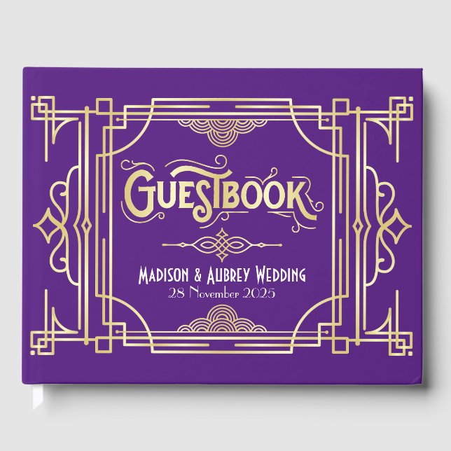 Art Deco Elegant Gold Purple Gatsby 1920s Wedding Guest Book (Front)