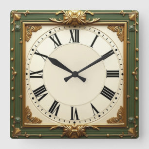 Art Deco Elegant Green Square Wall Clock