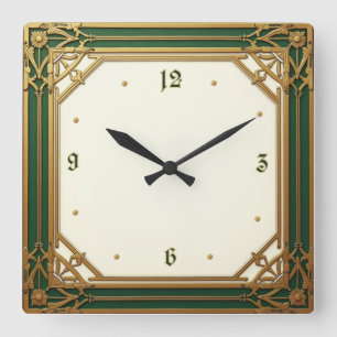 Art Deco Elegant Green Square Wall Clock