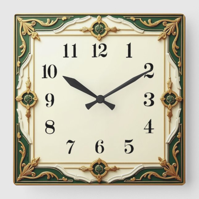 Art Deco Elegant Green Square Wall Clock (Front)