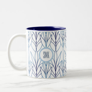 Art Deco Elegant Leaves Blue Leafy Floral Pattern Two-Tone Coffee Mug