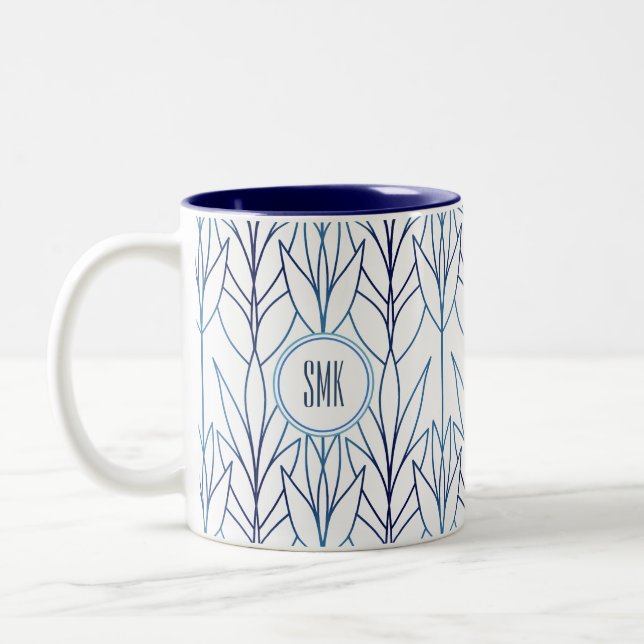 Art Deco Elegant Leaves Blue Leafy Floral Pattern Two-Tone Coffee Mug (Left)