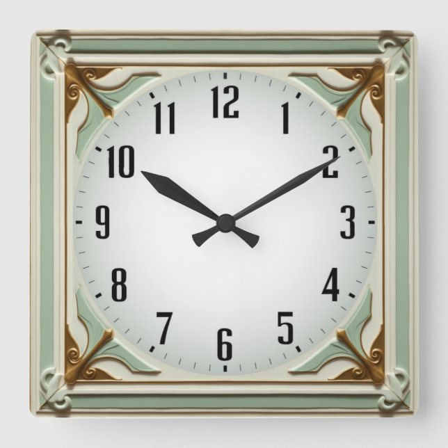Art Deco Elegant Mint Square Wall Clock (Front)