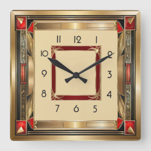 Art Deco elegant red and gold Square Wall Clock