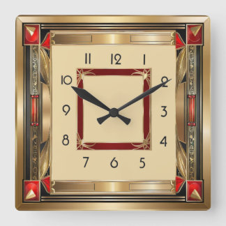 Art Deco elegant red and gold Square Wall Clock