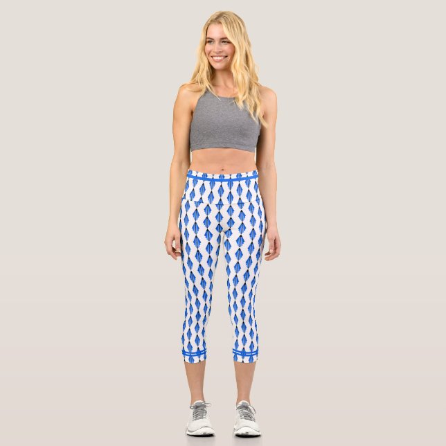 Art deco element in deep blue capri leggings (Front)