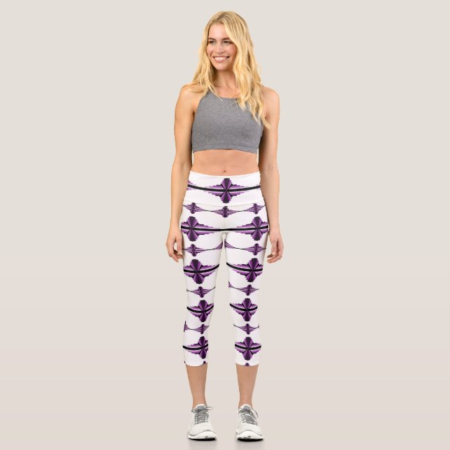Art deco elements in dark plum capri leggings (Front)