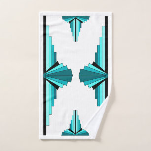 Art deco elements in teal green hand towel