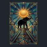 Art Deco Elephant Pyramid Golden Sunset Poster<br><div class="desc">A grand elephant silhouette standing atop a geometric pyramid. Exotic vintage travel poster vibes with rich gold patterns.</div>